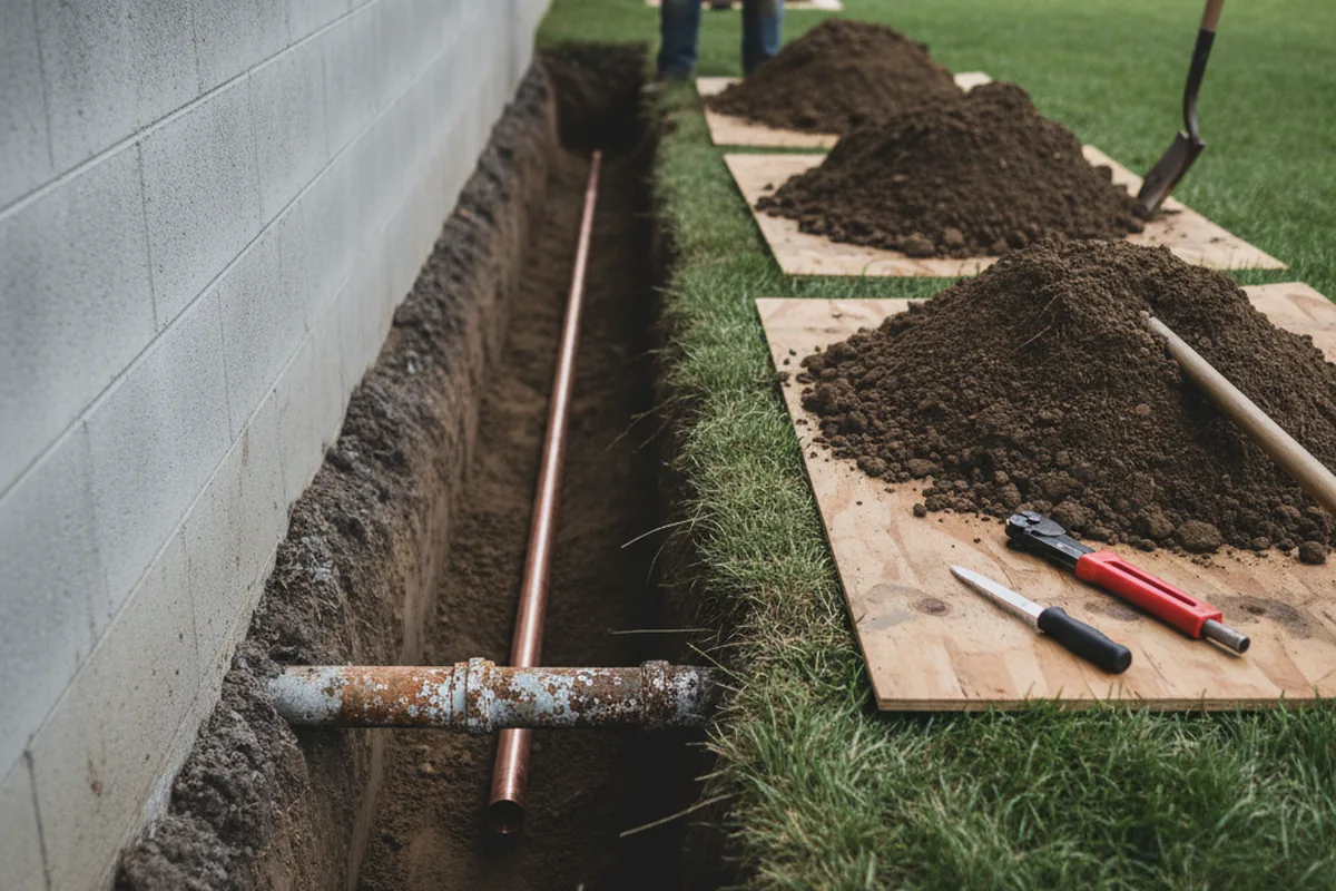 Excavated water line trench during Water Softener Installation in Tinley Park